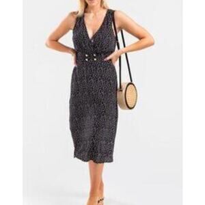 RowA womens Size Small Black white Polka Dot Sleeveless Dress NEW button detail